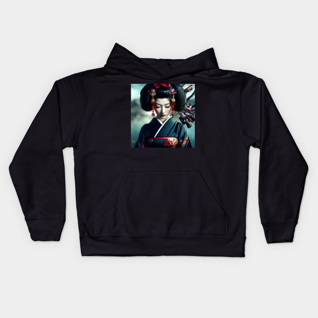 Japanese Geisha painting Kids Hoodie by Ravenglow